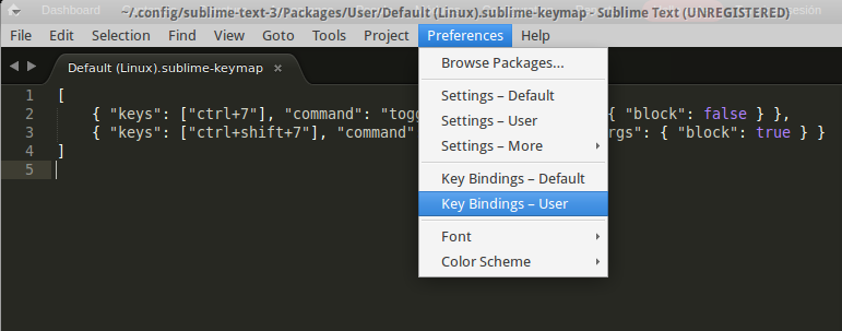 preferences ->key Bindings -> User
