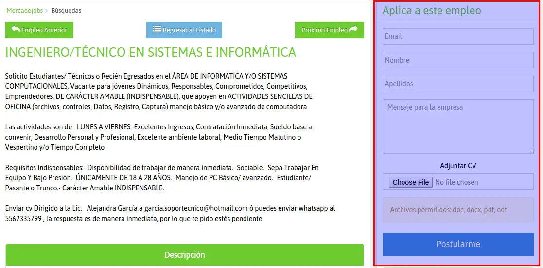 formulario para aplicar a la vacante